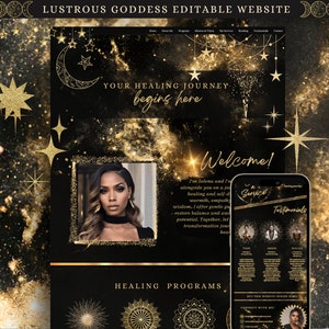 Op de afbeelding: Een website-mockup voor een genezings- en zelfontdekkingsdienst. De website heeft een zwarte achtergrond met gouden sterren en een halve maan. De tekst "Your Healing Journey Begins Here" wordt weergegeven in gouden letters. De website bevat ook een foto van een vrouw met lang bruin haar en een gouden ketting. De tekst "Welcome!" wordt weergegeven in gouden letters. De tekst "I'm Selena and I'm alongside you on a journey of healing and self-discovery. I offer gentle guidance to restore balance and awaken your potential. Together, let's embark on a transformative journey." wordt weergegeven in gouden letters. De website bevat ook een sectie voor getuigenissen en een sectie voor genezingsprogramma's.