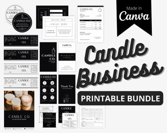 May include: A printable bundle for a candle business, featuring black and white designs with the text "Candle Business Printable Bundle". The bundle includes labels, gift cards, thank you cards, an invoice, a catalogue book, and a care card.