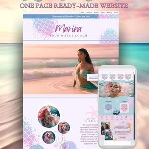 May include: A website mockup for a life coach with a mermaid theme. The website features a woman in a mermaid costume, a quote by Albert Einstein, and a call to action to book a session. The website is designed to be one page long and includes sections for about, services, classes, booking, and contact.