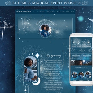 May include: A website mockup for a magical spirit healer. The website features a blue and white color scheme with stars and moons. The text on the website reads "My Healing Journey" and "My Beginning".