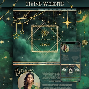 May include: A website homepage with a green and gold colour scheme featuring a woman's portrait and the text "Goddess Insights". The website is for a spiritual advisor or coach.