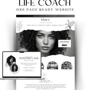 May include: A black and white photo of a woman with curly hair. The text "Life Coach" is at the top of the image. The text "blaire" is below the text "Life Coach". The text "Join my Masterclass" is in a white box with a black border. The text "Live Life to Fullest" is in a white box with a black border. The text "Book Now" is in a white box with a black border. The text "Ongoing Classes" is in a white box with a black border. The text "Who is blaire?" is in a white box with a black border. The text "As a dedicated life coach, I empower individuals to unlock their full potential and achieve their personal and professional goals. Through personalized guidance and support, I help clients navigate life's challenges and discover their true path to fulfillment and success." is in a white box with a black border.