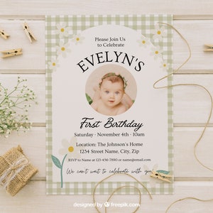 Garden Market, Gingham Theme Birthday Party Invitation, Birthday Girl, Daisy Invitation Template, Digital Download, Arch, Edit on CANVA