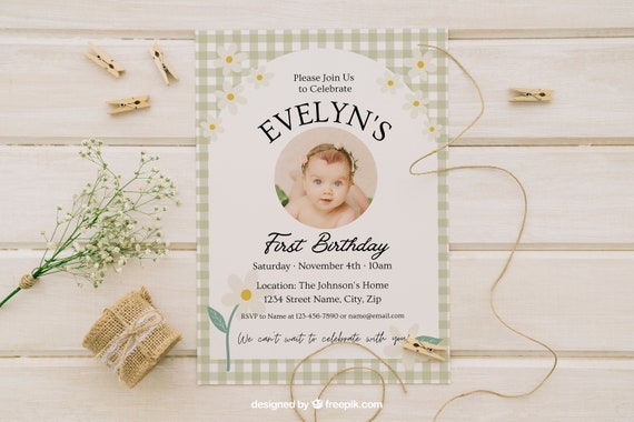 Gingham Garden Birthday Invitation: Daisy Arch Template (Digital Download)