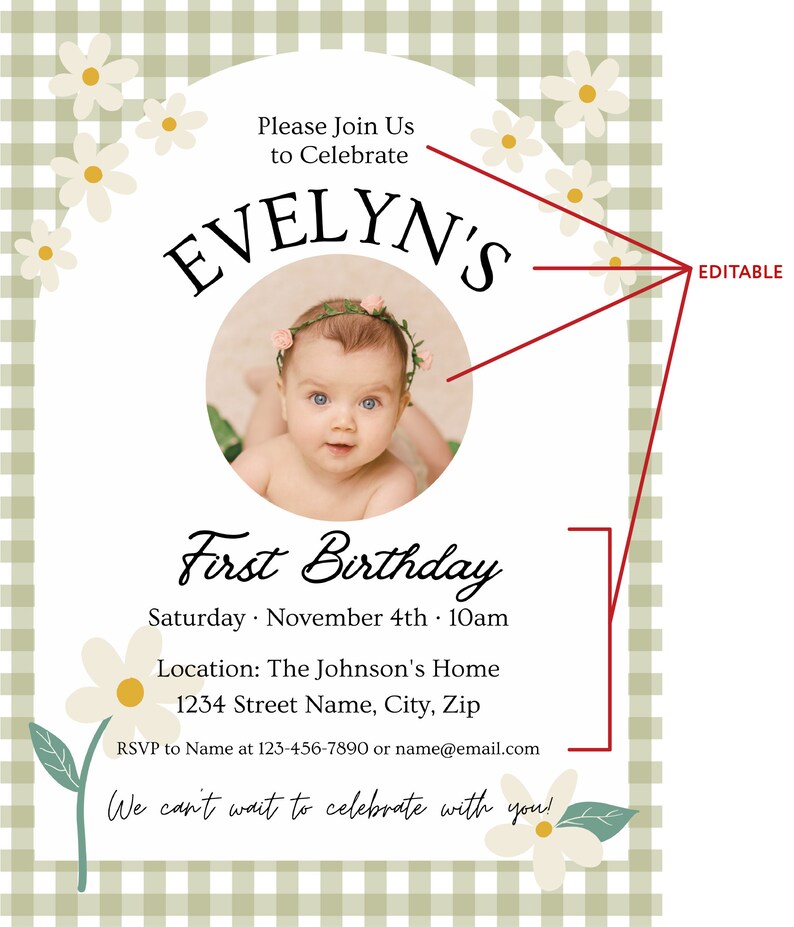 Puede incluir: Un fondo de patr&oacute;n de cuadros verdes y blancos con un c&iacute;rculo blanco en el centro. El c&iacute;rculo contiene una foto de una ni&ntilde;a peque&ntilde;a con una corona de flores. El texto "Evelyn's First Birthday" est&aacute; escrito en letra cursiva negra. El texto "Saturday November 4th 10am" est&aacute; escrito en negro. El texto "Location: The Johnson's Home 1234 Street Name, City, Zip" est&aacute; escrito en negro. El texto "RSVP to Name at 123-456-7890 or name@email.com" est&aacute; escrito en negro. El texto "We can't wait to celebrate with you!" est&aacute; escrito en letra cursiva negra. El texto "EDITABLE" est&aacute; escrito en rojo.