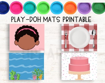 May include: Four printable Play-Doh mats featuring a girl's face, a plate and silverware on a red and white checkered tablecloth, an ocean scene with seaweed and coral, and a pink two-tiered cake with sprinkles.
