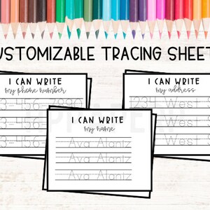 May include: Three printable tracing sheets for kids. The sheets have dotted lines for tracing. The first sheet says "I can write my phone number" and has a phone number to trace. The second sheet says "I can write my name" and has the name "Ava Alaniz" to trace. The third sheet says "I can write my address" and has the address "1234 West St" to trace.