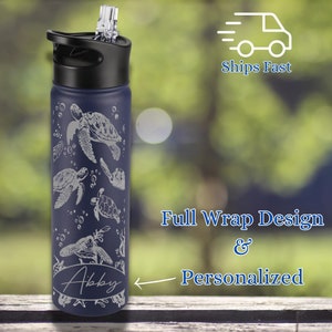 Ocean Scene Engraved Sea Turtle Tumbler 22 oz, Personalized Name Water Bottle, Ocean Theme Drinkware, Beach Lover, Nautical Themed Tumbler