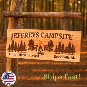Custom Cedar Camping Sign – Personalized Family Name Camp Sign for Campsite, RV, Camper, Trailer, Cabin, Lake House, Outdoor Decor