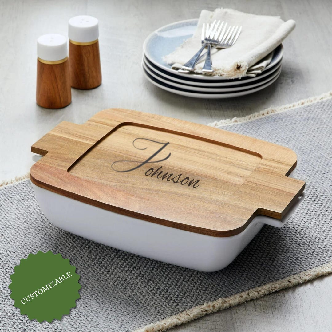 Personalized Baking Dish With Custom Laser Engraved Wood Lid, Ceramic ...