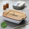 Personalized Baking Dish with Custom Laser Engraved Wood Lid, Ceramic Casserole Dish with Handles, Oven-to-Table Bakeware Gift Set