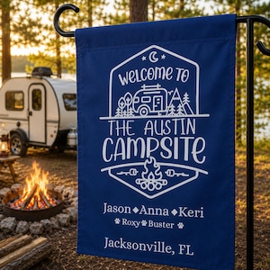 Personalized Campsite Flag, Custom RV Camping Flag, Family Name Camping Decor, Outdoor Glamping Sign, Waterproof Camper Flag