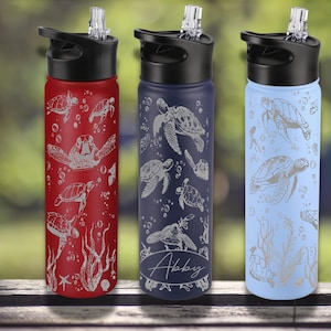 Ocean Scene Engraved Sea Turtle Tumbler 22 oz, Personalized Name Water Bottle, Ocean Theme Drinkware, Beach Lover, Nautical Themed Tumbler
