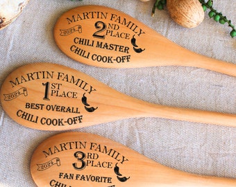 パーソナライズされた木製スプーン、チリ料理コンテストの賞品、彫刻入り木製スプーン、食品イベントのトロフィー、チリ賞、食品賞、彫刻入りスプーン