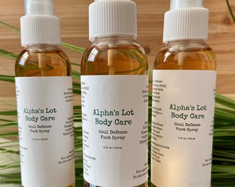 May include: Three amber glass bottles with white spray tops and labels that read "Alpha's Lot Body Care Soul Defense Foot Spray 4 fl oz | 118 ml".