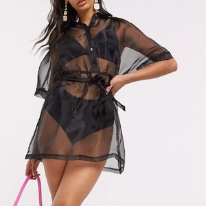 Classic Organza Jacket. Transparent Jacket. Belted organza Dress . Wedding blouse . Graduation Party Jacket.Mesh Jacket.Organza blouse