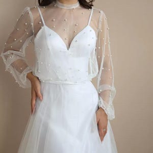 Pearl wedding topper, Wedding tulle bolero,Bridal topper long sleeve,Sheer bridal top,Beaded overlay top,Pearl coverup,Bridal shoulder cover
