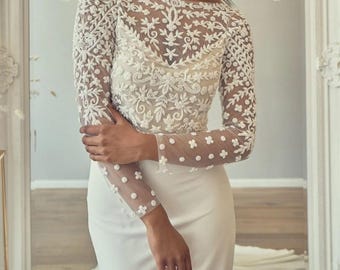 Top de tul transparente con mangas largas. Top nupcial moderno hecho a mano con adornos. Bolero de perlas. Cubrebocas para boda. Blusa de tul con incrustaciones de perlas.