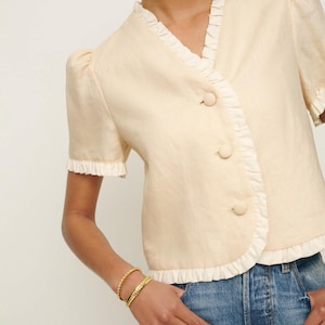 Frilled Linen Crop Top: V-Neck Button-Down Camisole