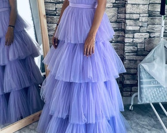 Vestido de fiesta de tul con volantes: tutú estilo francés en capas con corte A