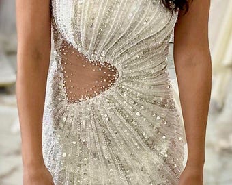 Minivestido elegante vintage con cuentas para recepción de fiesta. Vestido de novia corto. Minivestido de novia. Vestido de fiesta con perlas. Minivestido personalizado para evento.
