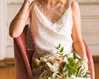 Top de boda con perlas, bolero de tul para boda, bolero de novia con perlas, top de novia transparente, top con superposición de cuentas, top de perlas, top de tul