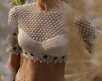 Handmade Pearl Beaded Bridal Blouse: Indian Lehngha Saree Top