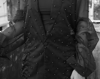 Chaqueta clásica de organza con perlas. Chaqueta transparente. Prendas de novia. Bolero con cuentas de perlas. Chaqueta para fiesta de graduación. Chaqueta minimalista para boda o mujer.