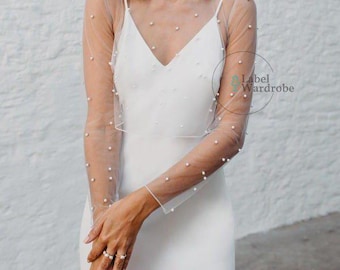 Handmade Pearl Tulle Wedding Bolero: Sheer Bridal Long Sleeve Topper