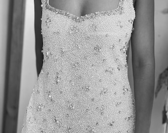 Handmade Beaded Mini Wedding Dress: Chic Vintage Bridal Reception Dress