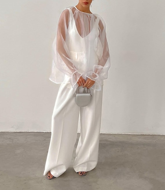 Elegant Long Puffy Sleeve Organza Blouse, Wedding Guest Top Elegant Long Puffy Sleeve Organza Blouse, Wedding Guest Top