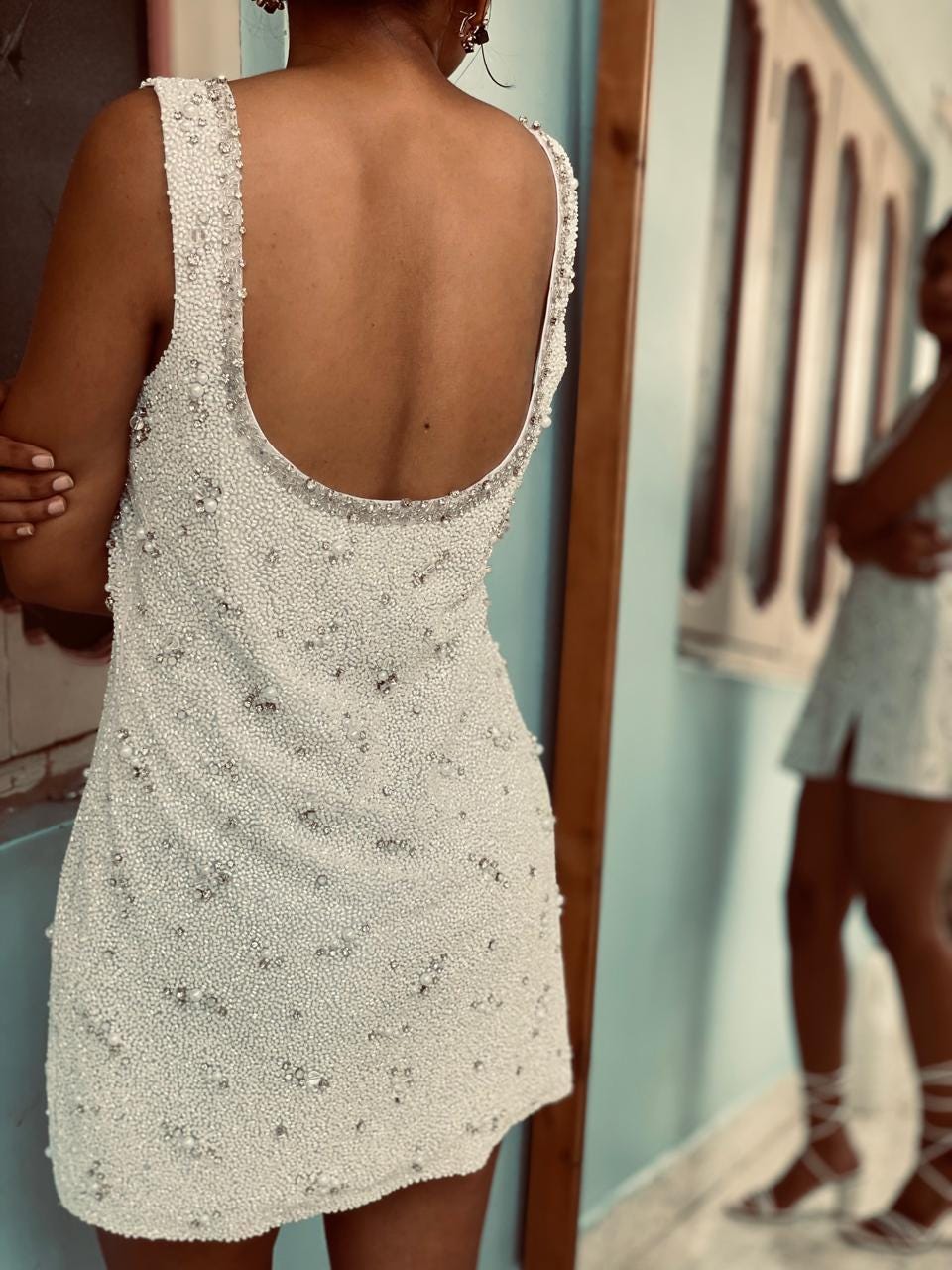Handmade Beaded Mini Wedding Dress: Chic Vintage Bridal Reception Dress