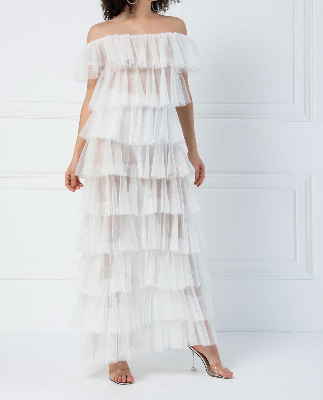 White Ruffle Tulle Maxi Dress: Sheer Bridesmaid Princess Gown - Etsy