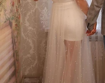 Capa de tul transparente para novia con perlas.Vestido de novia moderno.Vestido de novia con perlas.Encubrimiento de tul.Complementos de boda.Vestido de novia largo.