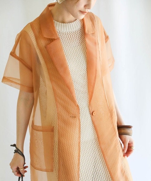 アンドコール　tulle pattern sheer jacket Petite Organza And Satin Mix Tailored Sheer Trench Coat