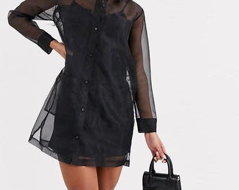 Blusa de organza con mangas abullonadas y bolsillo largo exclusivo, blusa para invitada de boda, blusa para fiesta de cumpleaños, blusa formal de organza, blusa transparente de organza
