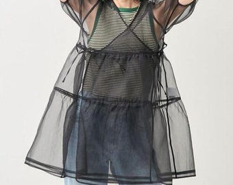 Organza Puffy Sleeve Mini Dress: See Through Party Cover Up