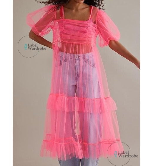 Square Neck Tulle Midi Dress Trendy Sheer tulle midi Cover Up/tulle Ruffle Skirt Cover up/Bridal Cover up her/Casual Tulle Dress/See through