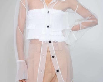 Oversized Organza Blouse: Sheer Long Sleeve Top