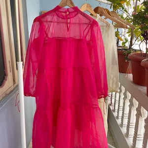 High Neck Organza Tiered Dress/Transparent Dress/Bridesmaid Dress/Puffy Sleeve Organza Midi Dress/See-through Cocktail Dress/Romantic Dress
