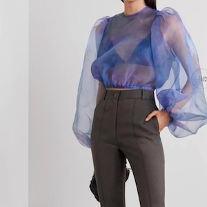 Hot Blue color. Colored design long sleeve organza Blouse . Transparent organza stylish girls Blouse . Sheer Blue organza Blouse For her