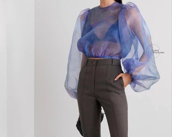 Blue Organza Blouse: Long Sleeve Sheer Top