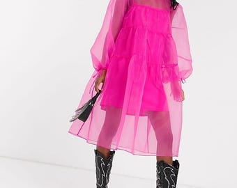 Vestido midi de organza de inspiración vintage/Vestido de organza con cuello alto y capas/Vestido transparente/Vestido de dama de honor/Vestido de cóctel/Vestido extragrande