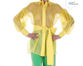 Schiere Organza Bluse: Langarm Puffy Top mit bezogenen Knöpfen
