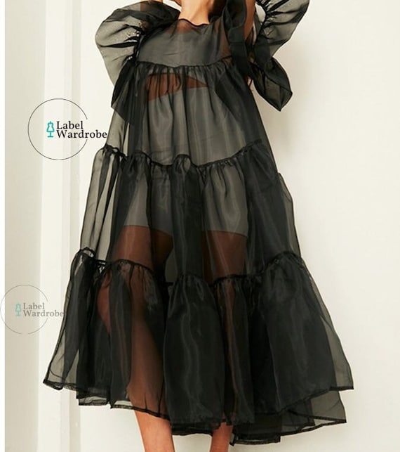 ★overdue flair★ TUBE TOP ORGANZA DRESS_BLACK Festival Rave Party Layered Organza Dress/sheer Cover up