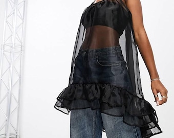 Vestido de organza transparente con volantes: Top transparente de vanguardia