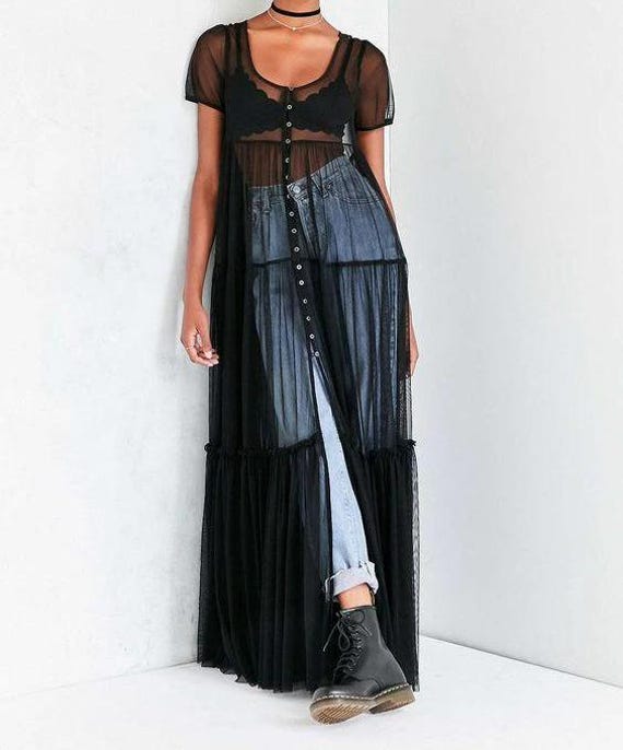 yellow flowy hoco dress Black Sheer Knit Long Sleeve Asymmetric Maxi Dress main image 1