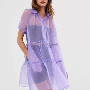 Mesh-Organza-Kleid, durchsichtiges Kleid, durchsichtiges Sommerkleid mit kurzen Ärmeln, Strandkleid, Bikini-Überzugskleid, Sommer-Partykleid