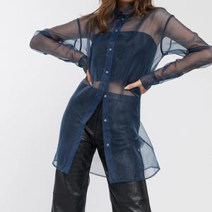 Blue Sheer Organza Blouse, Lightweight Organza Blouse, Formal Long Sleeve Top for Women, Elegant Fashion Blouse for Special Occasion