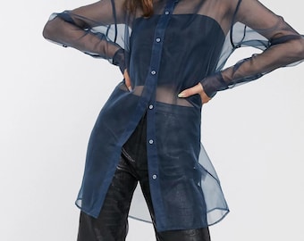 Blue Sheer Organza Blouse, Lightweight Organza Blouse, Formal Long Sleeve Top for Women, Elegant Fashion Blouse for Special Occasion